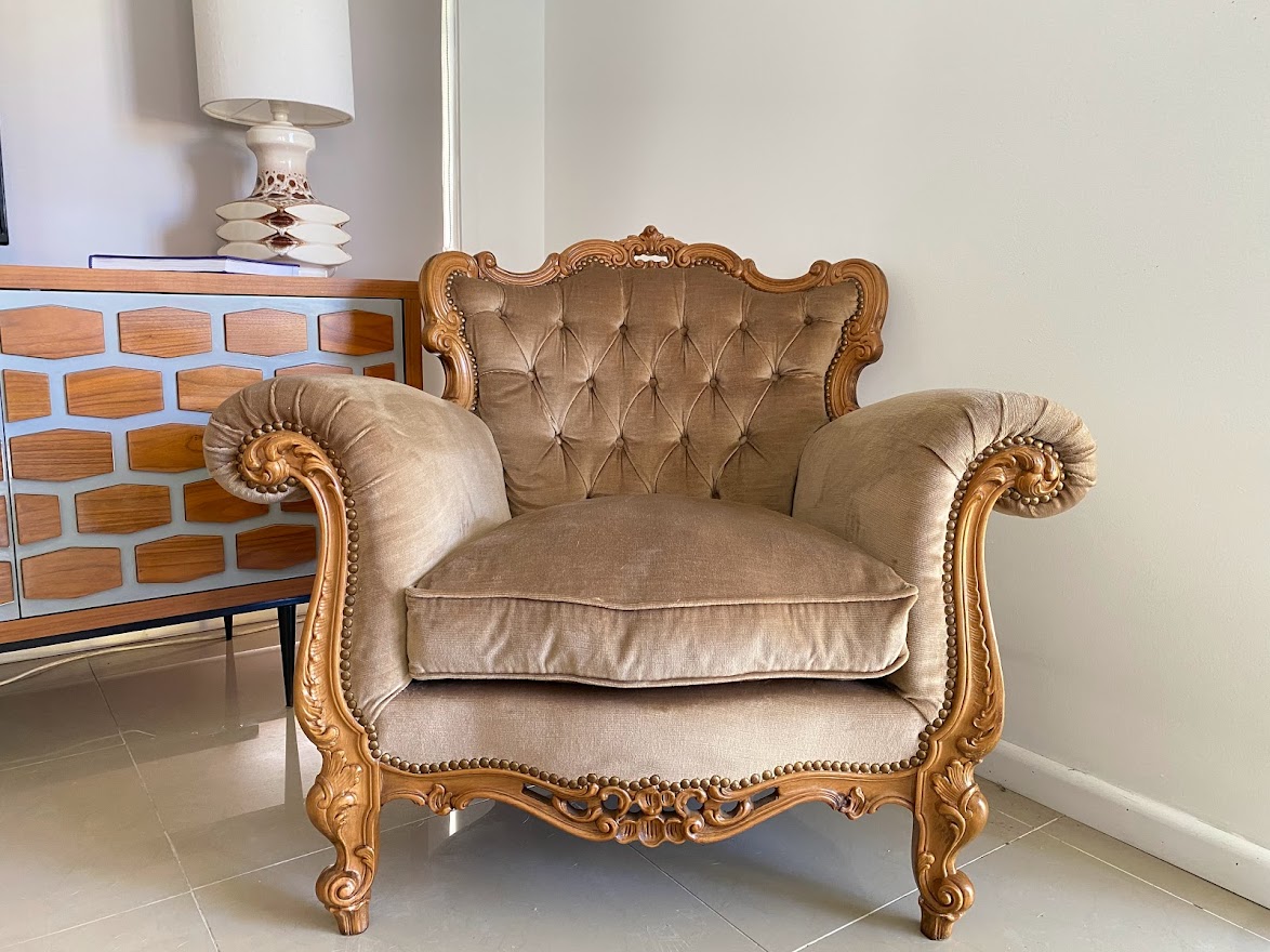 European Antique Walnut & Velvet Chair